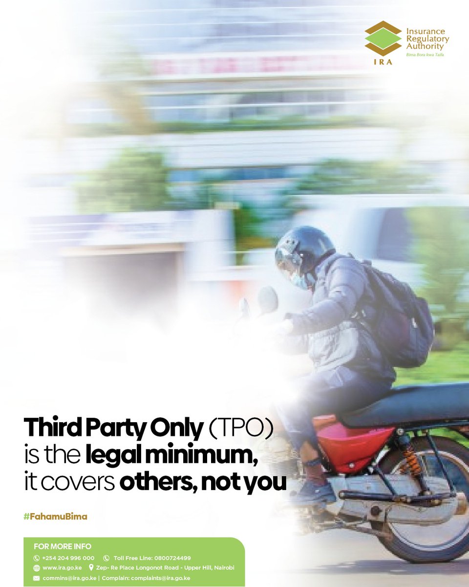 ira_kenya's tweet photo. Boda boda insurance exists. It is affordable. And it is the law.
Start with the basics. Build up as you can. But start.
Find a licensed insurer near you.

#FahamuBima #InsureHustleYako https://t.co/qR8XjtI69P