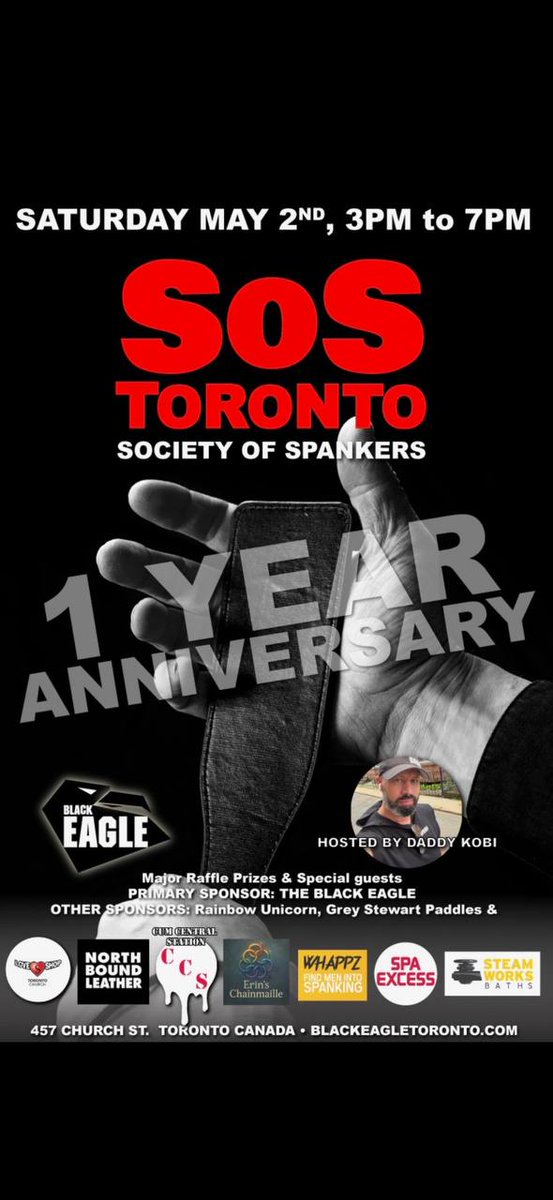 SOS_Toronto's tweet photo. WOW I'm so excited 4 days until SOS 1 year anniversary at the Black Eagle on May 2nd! spankers, switches, spankees come join us in the celebration!! I can't wait to have demonstrations, raffles, cake, guest speakers, and much much more! If you are a spanking enthusiast come join. https://t.co/y9vNHJZRwC