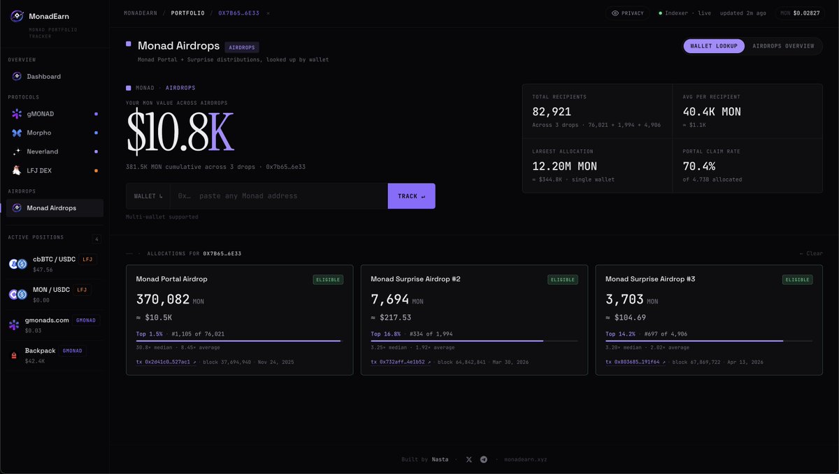 0xNasta's tweet photo. Monadearn is almost live i just created an X account at @monadearn

Monad Airdrops integration has been shipped today

one more protocol to wire in before I share it https://t.co/2KpbaEdolO
