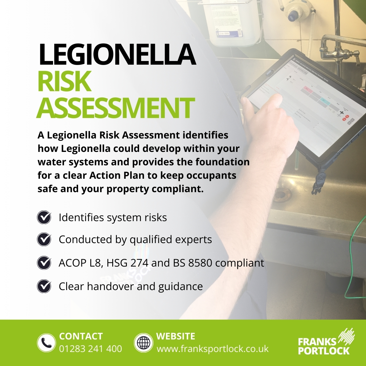 FranksPortlock's tweet image. Many Legionella Risk Assessments are still vague and incomplete.

An LRA isn’t a tick‑box — it’s a legal requirement that protects lives.

We deliver clear, compliant assessments you can rely on.

👉 lnkd.in/eigZFf_d

#Legionella #RiskAssessment #WaterHygiene #Compliance