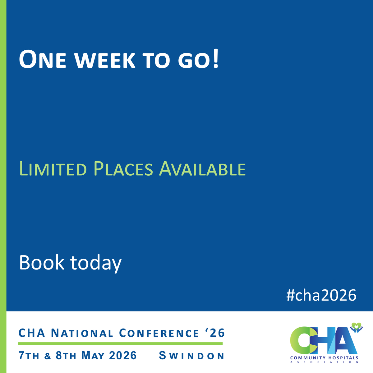 CommHospUK's tweet photo. There's one week to our national conference in Swindon! Don't miss out - book now! 👉https://t.co/VzJLumCF77 

#cha2026 #communityhospitals https://t.co/M4yH9kd9kg