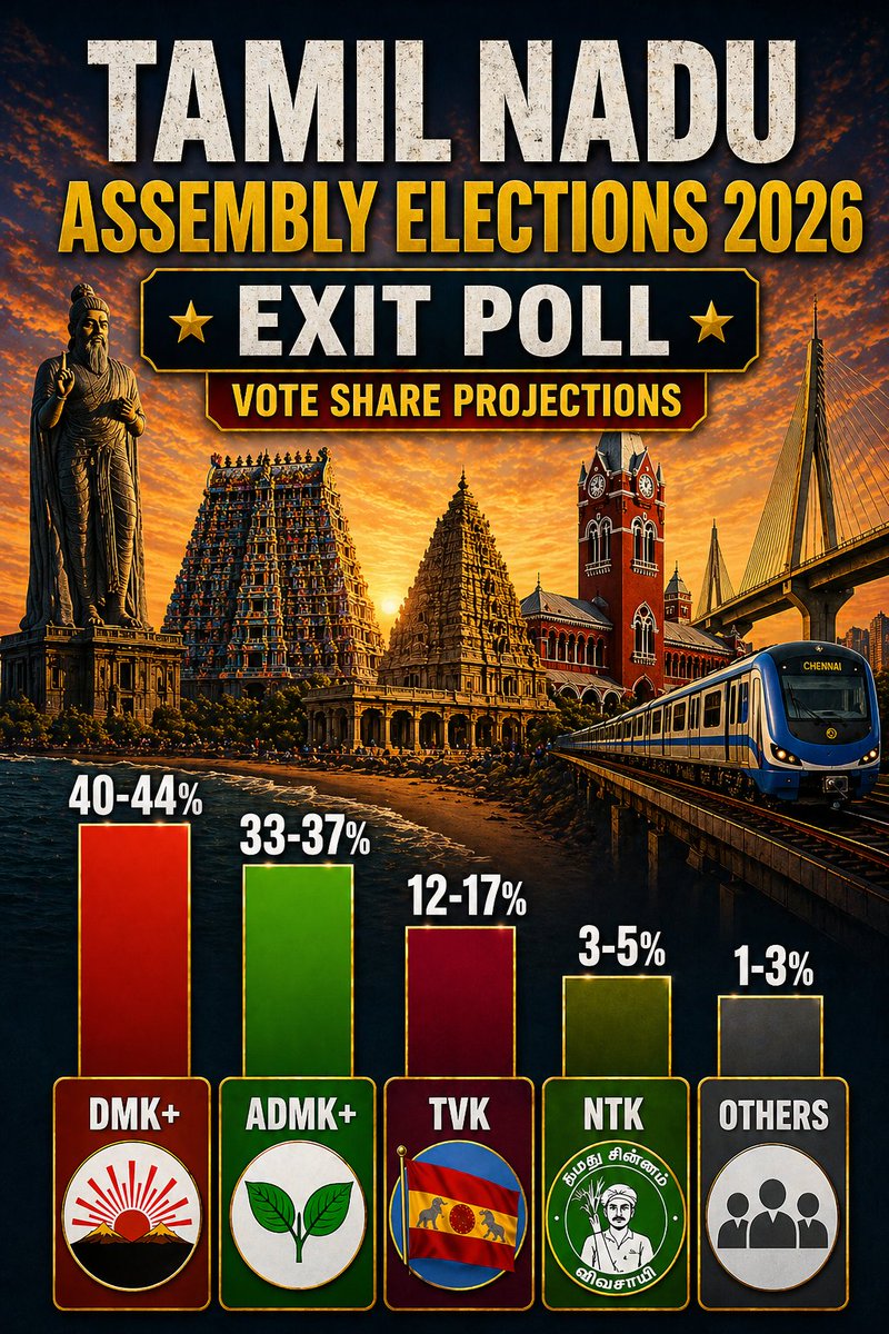 VamsiChandran's tweet image. My Exit poll vote share predictions for #tamilnadulegislativeassemblyelection2026 

🥇DMK+ 40-44%
🥈ADMK+ 33-37%
🥉TVK 12-17%
4️⃣ NTK 3-5%
Others 1-3%

Will release seat share predictions tomorrow🙏🏻.....