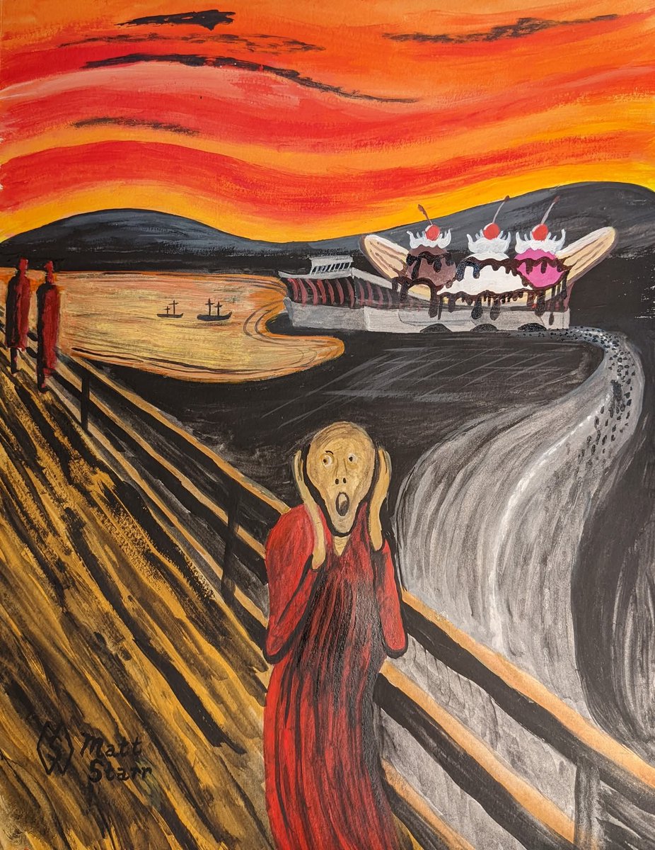 MattStarrFineA1's tweet image. This is my acrylic painting is my parody of the famous painting “The Scream”. In this scene, I scream, you scream, we all scream for ice cream as persons enter Banana Split Stadium. redbubble.com/shop/ap/972784… 
#mattstarrfineart #scream #icecream #bananasplit #screamer #art #food