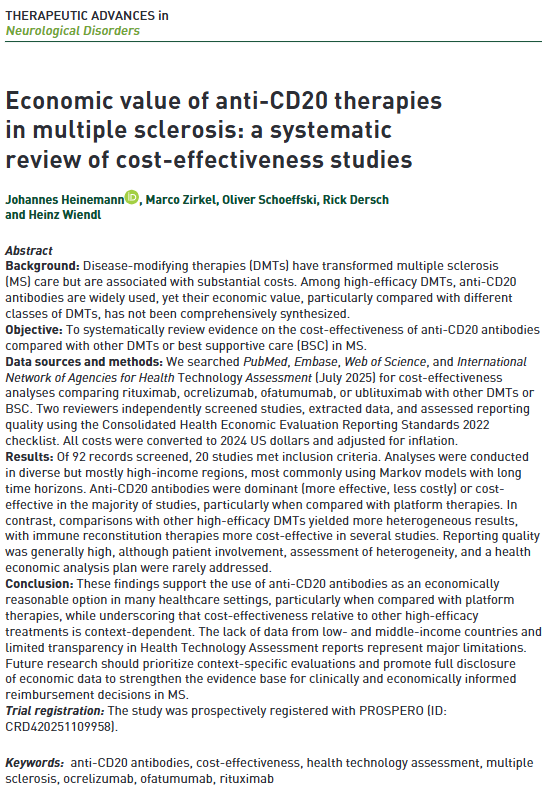TANeurolDisord's tweet image. 🚨New research online!

💶What is the cost-efficacy of of anti-CD20 antibodies vs other disease-modifying treatments in #MultipleSclerosis?

📰Johannes Heinemann and colleagues compared the economic value of different DMTs and best supportive care: 
🔗journals.sagepub.com/doi/full/10.11…