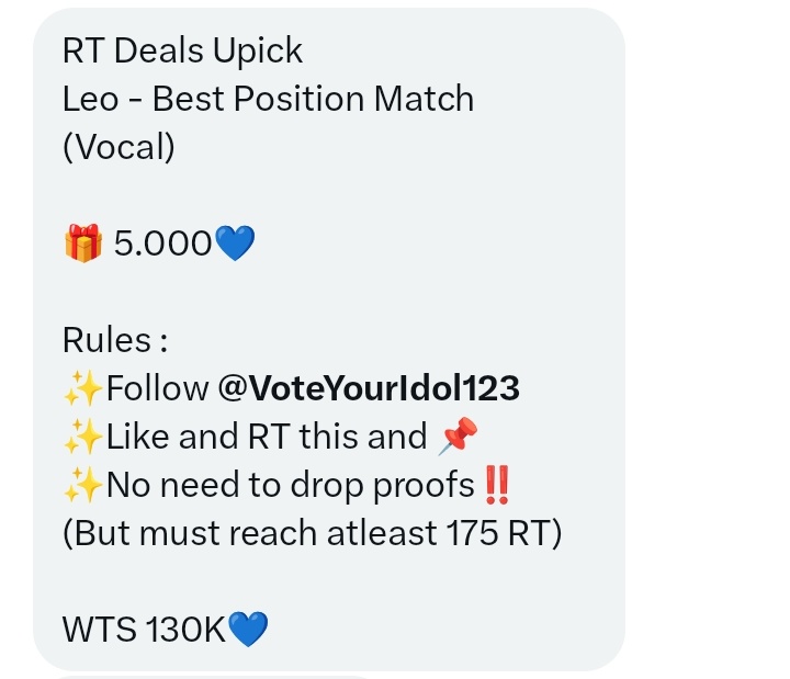 LEOINTLVOTING's tweet photo. 🚨 RT Deals Upick 🚨
Leo - Best Position Match (Vocal)

🎁 5.000💙

Rules :
✨Follow @VoteYourIdol123
✨Like and RT this and 📌
✨No need to drop proofs‼️
(But must reach atleast 175 RT)

WTS 130K💙 https://t.co/80uzMlwt8n