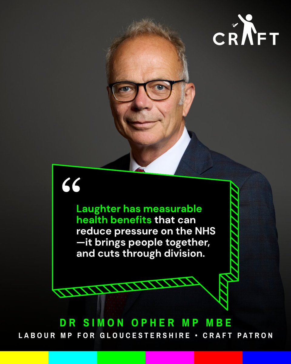 CRAFT_CIO's tweet image. 👉 "Laughter has measurable heath benefits that can reduce pressure on the NHS - it brings people together, and cuts through division." 👈  

(Dr Simon Opher MP MBE • Labour MP for Gloucestershire • CRAFT Patron) 

➡Visit thecraft.lol/team

#CRAFT #CRAFTteam #UKComedy