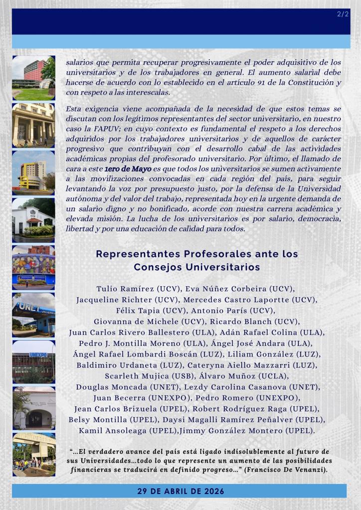 APUCV's tweet photo. Importante comunicado de representantes profesorales ante la grave crisis salarial que vive el país y su expresión en el sector universitario.
Este 01 de mayo a nivel nacional nuevamente nos movilizamos por salarios y pensiones dignas.

#UCV #Venezuela #SalariosDignosYa https://t.co/E7a2htUpN2