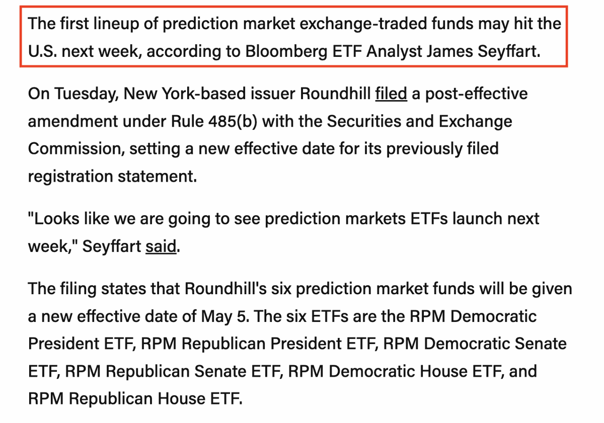 RTB_io's tweet image. JUST IN: First U.S. prediction market ETFs could launch as soon as next week, according to Bloomberg analyst James Seyffart.

Issuer Roundhill Investments has set May 5 as the effective date for six funds tied to U.S. election outcomes, including the 2028 presidential race and
