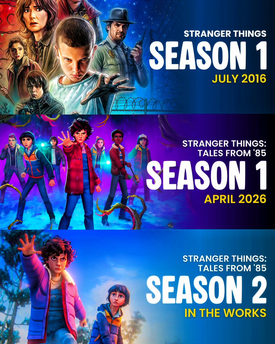 cartoonvibes26's tweet image. STRANGER THINGS UNIVERSE EXPANDING 🔥📺

From 2016 to now… still going strong 😮‍🔥

• Tales From ’85 just dropped 👀
• Season 2 already confirmed ✅

Netflix really not letting Hawkins rest 😭

#StrangerThings #Netflix #TalesFrom85 #Series #ComingSoon