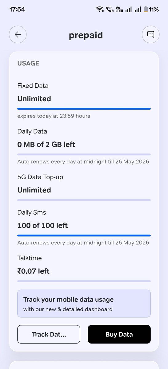 aizen3361824683's tweet image. @Airtel_Presence, I purchased a 1-day unlimited add-on pack after exhausting my daily 2GB, but internet has stopped working. The app shows Fixed Data as Unlimited (valid till 23:59) but speeds are dead. Number ending 7900. Attaching screenshot. Please fix this ASAP. #Airtel #down