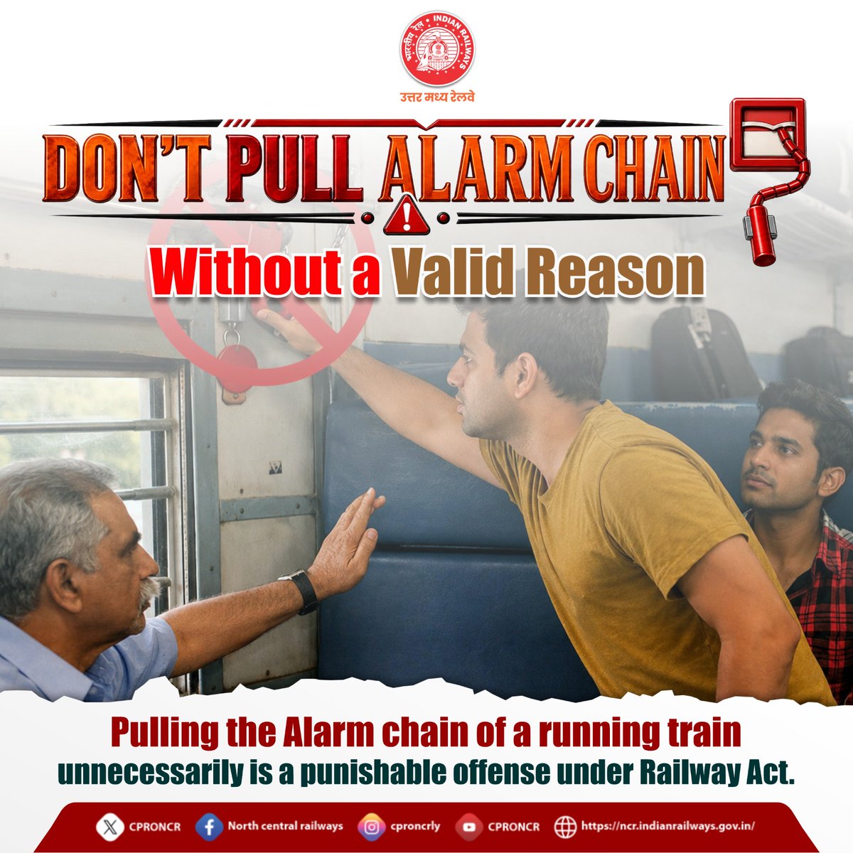 CPRONCR's tweet image. 🚨 Use the alarm chain only in case of real emergencies.

Unnecessary pulling leads to delays, affects fellow passengers, and is punishable under the law. 🚆

#RailSafety #SafetyFirst #NCRailway #ResponsibleRailYatri
