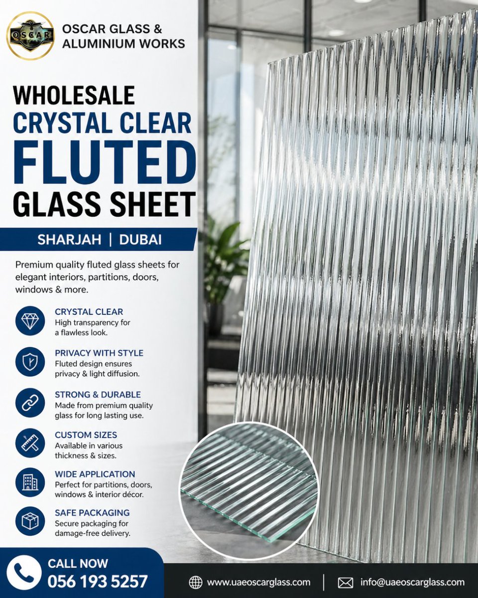 uaeoscarglass's tweet image. Wholesale Crystal Clear Fluted Glass 
#GlassCutting | #TemperedGlass | #PolishingGlass | 
Query: +971 50 228 3822
 @glass_factory_uae
uaeoscarglass.com
#oscarglassuae #dubaiinteriors #glassinstallation #uaeconstruction #architecturedesign #customglass #uaeprojects