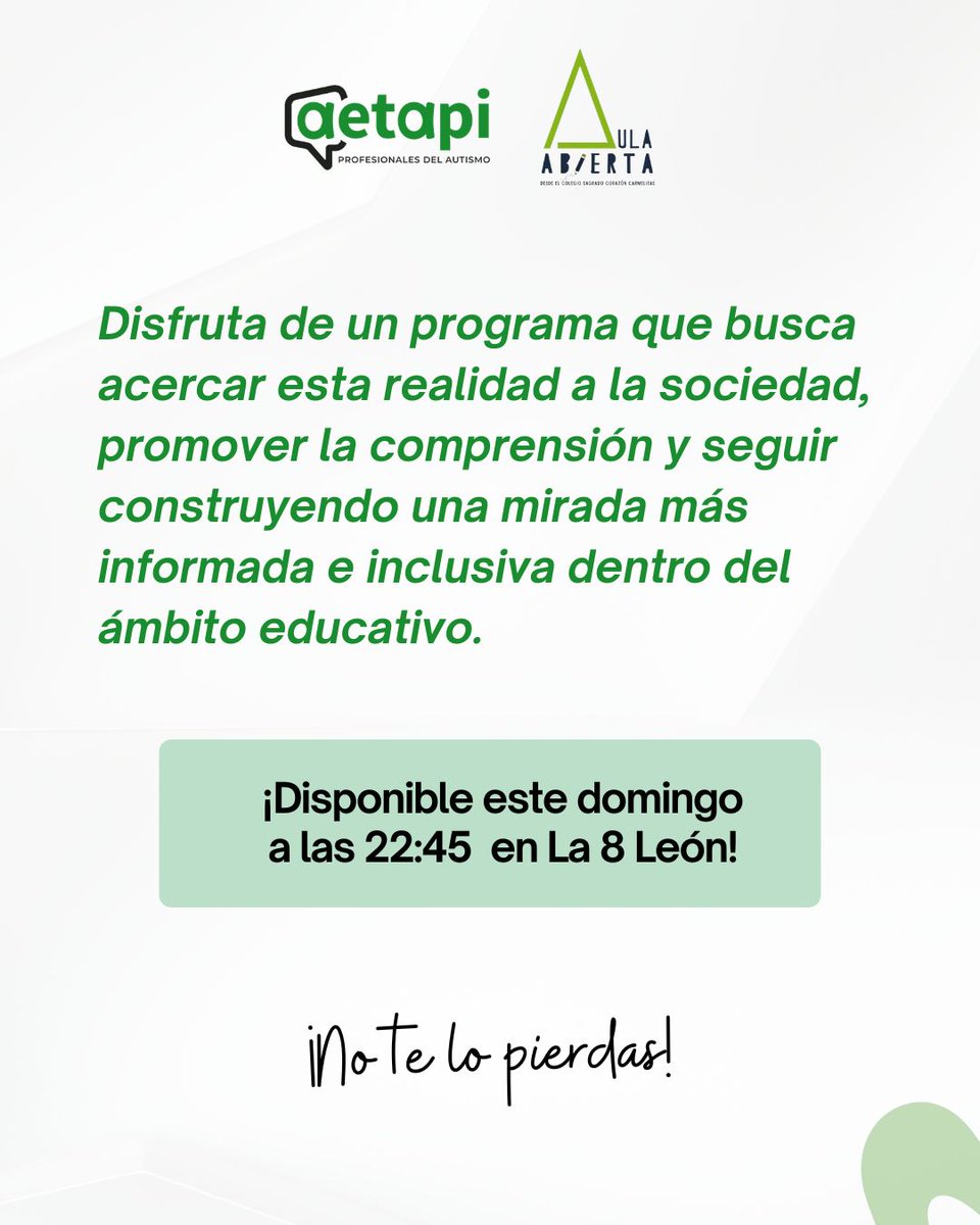 AETAPI's tweet image. La educación crece cuando se comparte. 📚

Aula Abierta, nuevo programa del Vedruna Sagrado Corazón de León, acerca la realidad educativa. 

Su estreno aborda el autismo con Rocío García Pascual (AETAPI). 

📺 Domingo 22:45 en La 8 León. 

#autismo #TEA