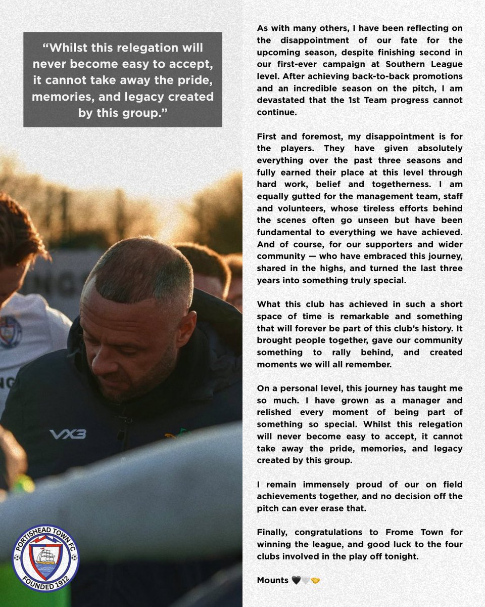 PortisheadTown's tweet photo. A statement from manager @mounts25 ⬇️

#posset 🤍🖤 https://t.co/R9im94ECVS
