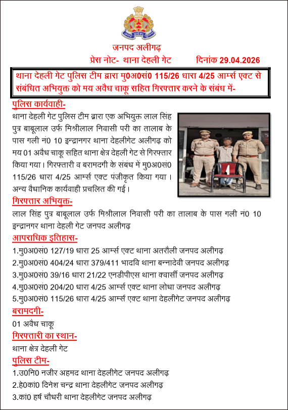 aligarhpolice's tweet image. #Aligarh । #AilgarhPolice
थाना देहली गेट पुलिस टीम द्वारा मु0अ0सं0 115/26 धारा 4/25 आर्म्स एक्ट से संबंधित अभियुक्त को मय अवैध चाकू सहित गिरफ्तार करने के संबंध में-
#UPPolice