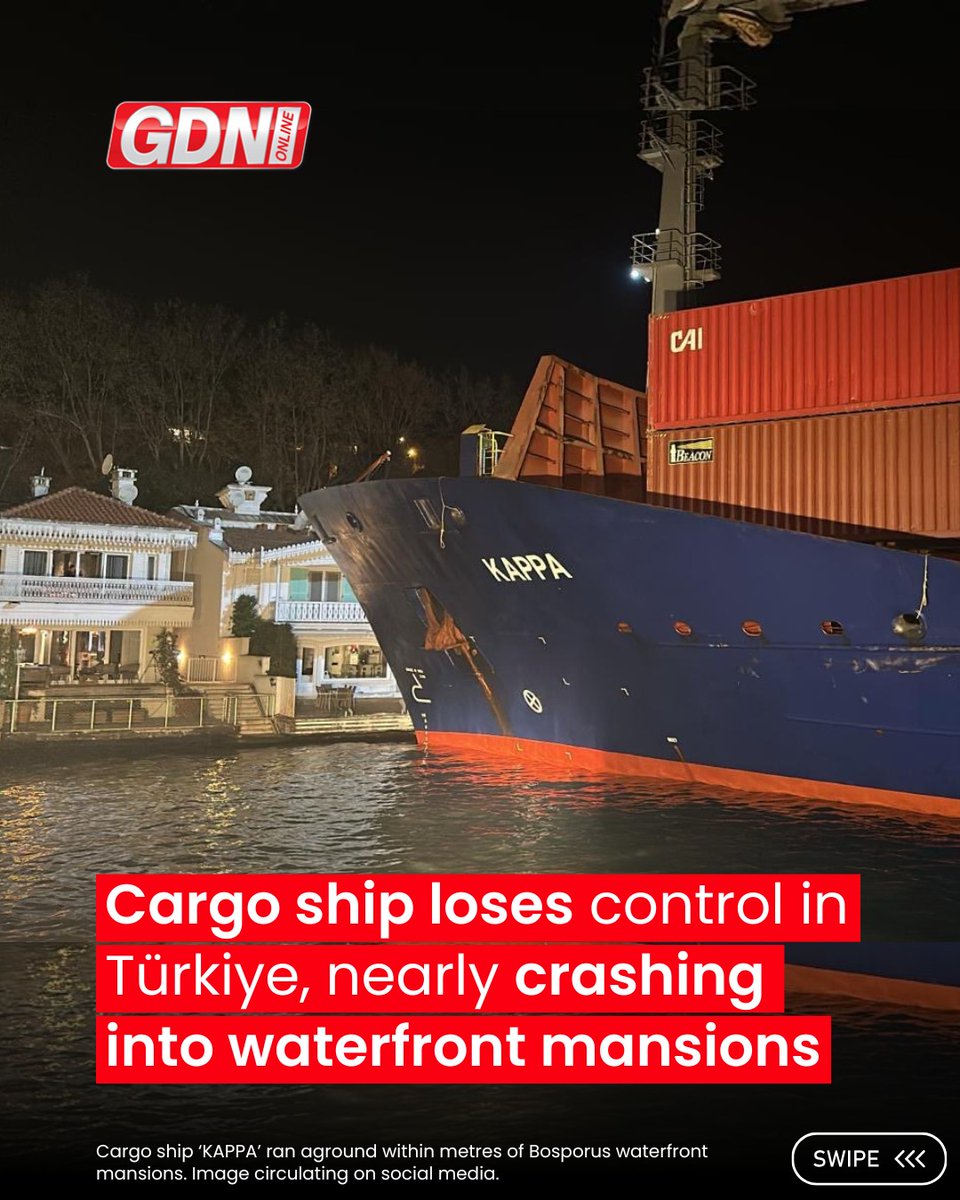 GDNonline's tweet image. A 148-metre-long container ship ran aground within metres of Bosporus waterfront mansions in Istanbul on Tuesday, narrowly avoiding a major disaster after losing control.

#shipcontainer #turkey #istanbul