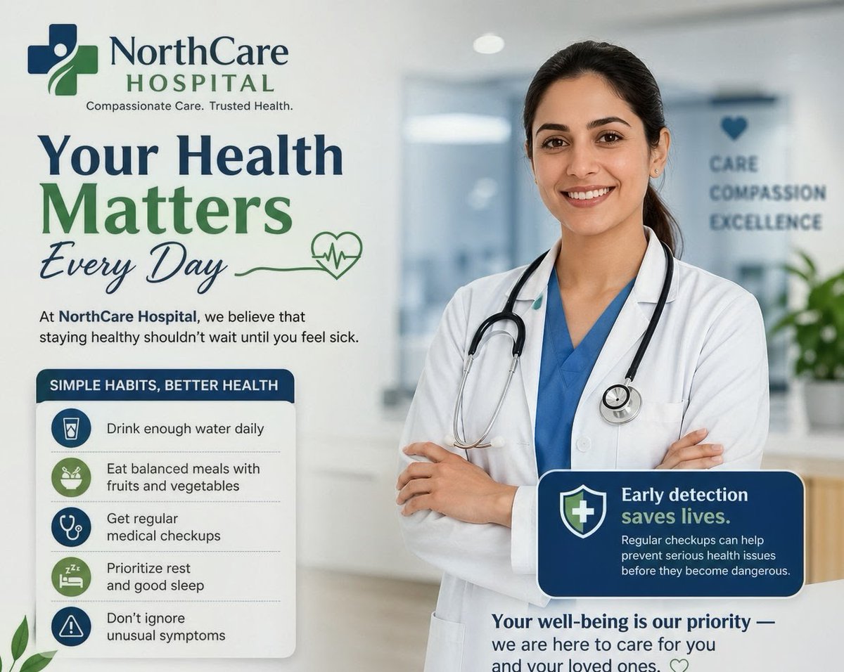 NorthCareH's tweet image. Your health matters every day!
Stay ahead with simple habits: 💧 Drink water
🥗 Eat healthy
🩺 Go for regular checkups
😴 Get enough rest
Early detection saves lives. Don’t wait until it’s too late.
Visit NorthCare Hospital today. 💙
#HealthTips #StayHealthy #NorthCareHospital