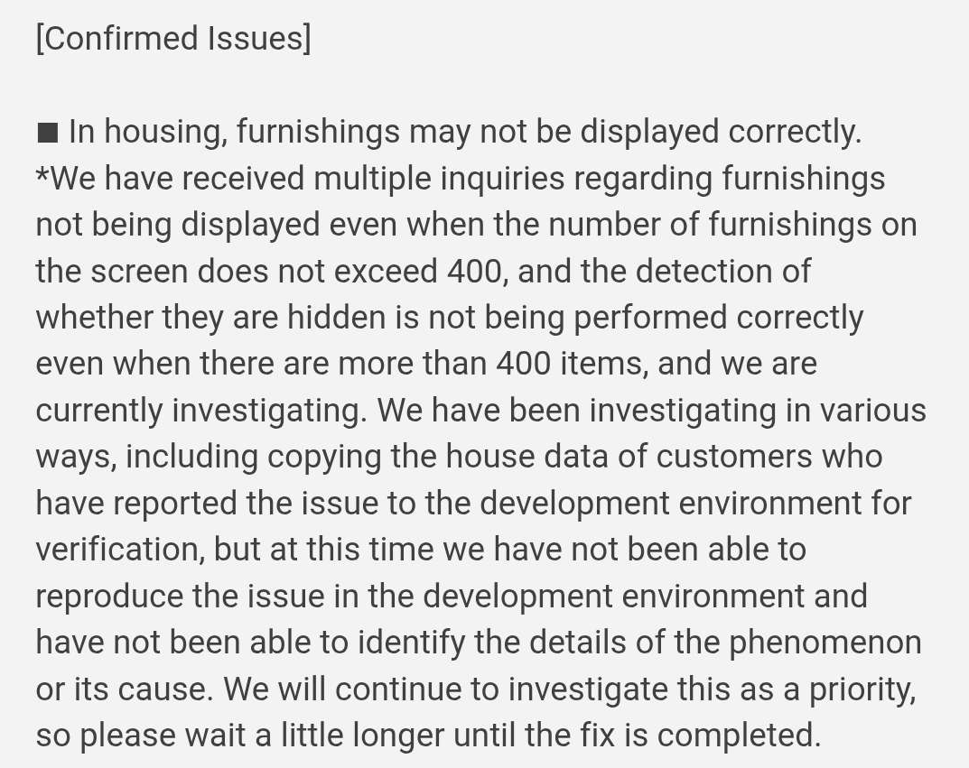 DividusYliaster's tweet photo. They didn't include this in the non-japanese lodestone but adressed the item fade issue here.

Please keep reporting the bug and provide video examples and hardware information to help the dev team find the cause if you can, this is pretty concerning for housing designers! https://t.co/FN3GcCL8HM