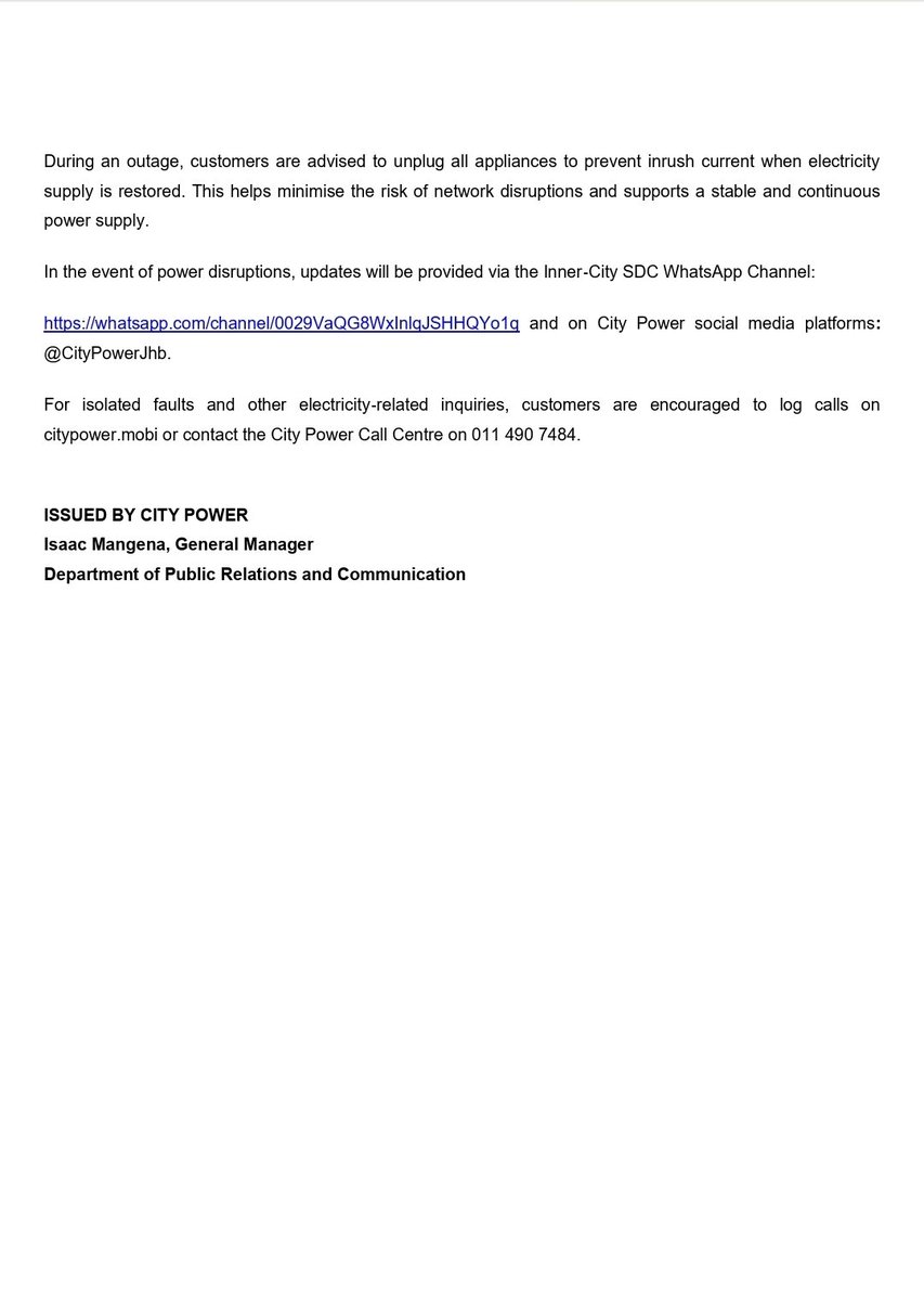 CityPowerJhb's tweet photo. @RozWilliams12 #InnerCityOutage #CityPowerUpdates 

Kindly see the attached information for the latest updates at the #CentralSubstation ^MJ https://t.co/7qCiYUzrvf