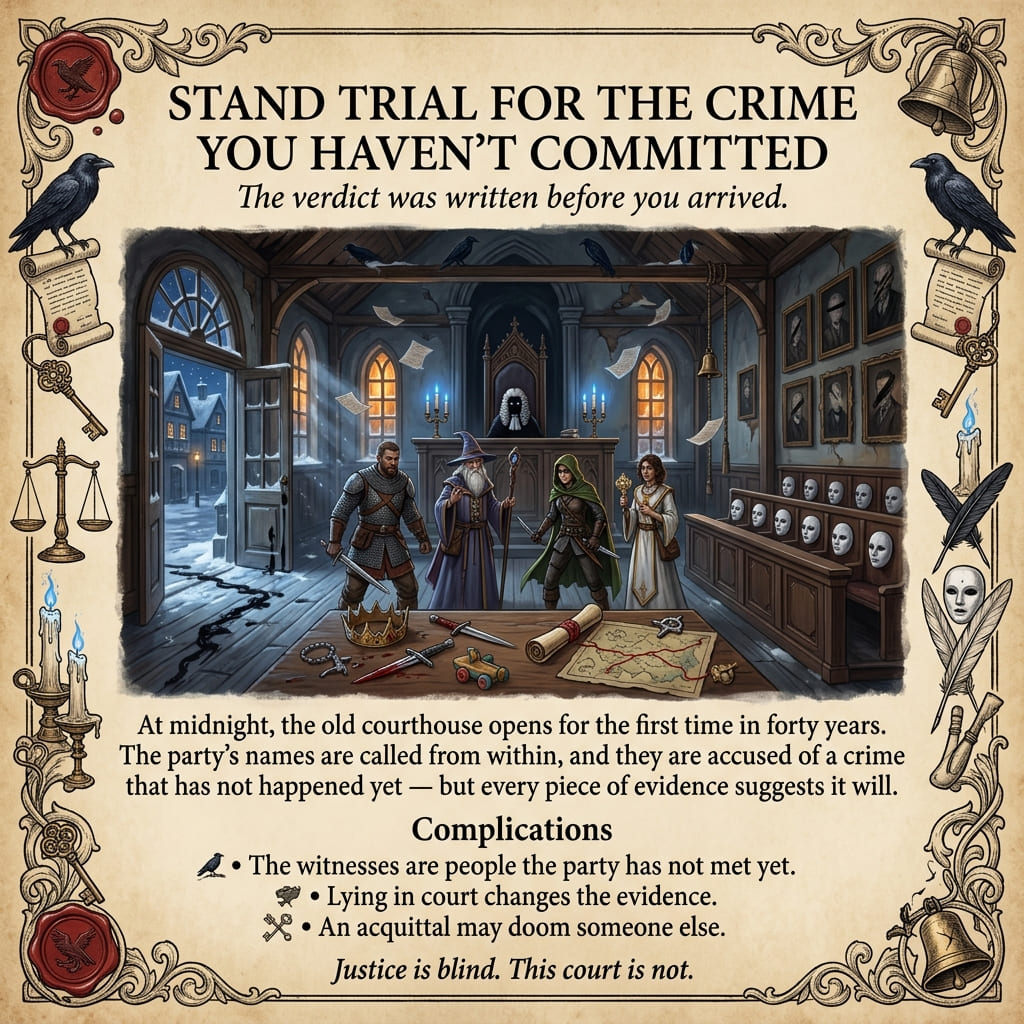 called_cam's tweet photo. Quest Idea: Stand Trial for the Crime You Haven’t Committed

An abandoned courthouse opens at midnight.

The party is accused of a crime that has not happened yet — but every piece of evidence says it will.

The verdict was written before they arrived.

#TTRPG #DnD #QuestHook https://t.co/K9hlkoZkyR
