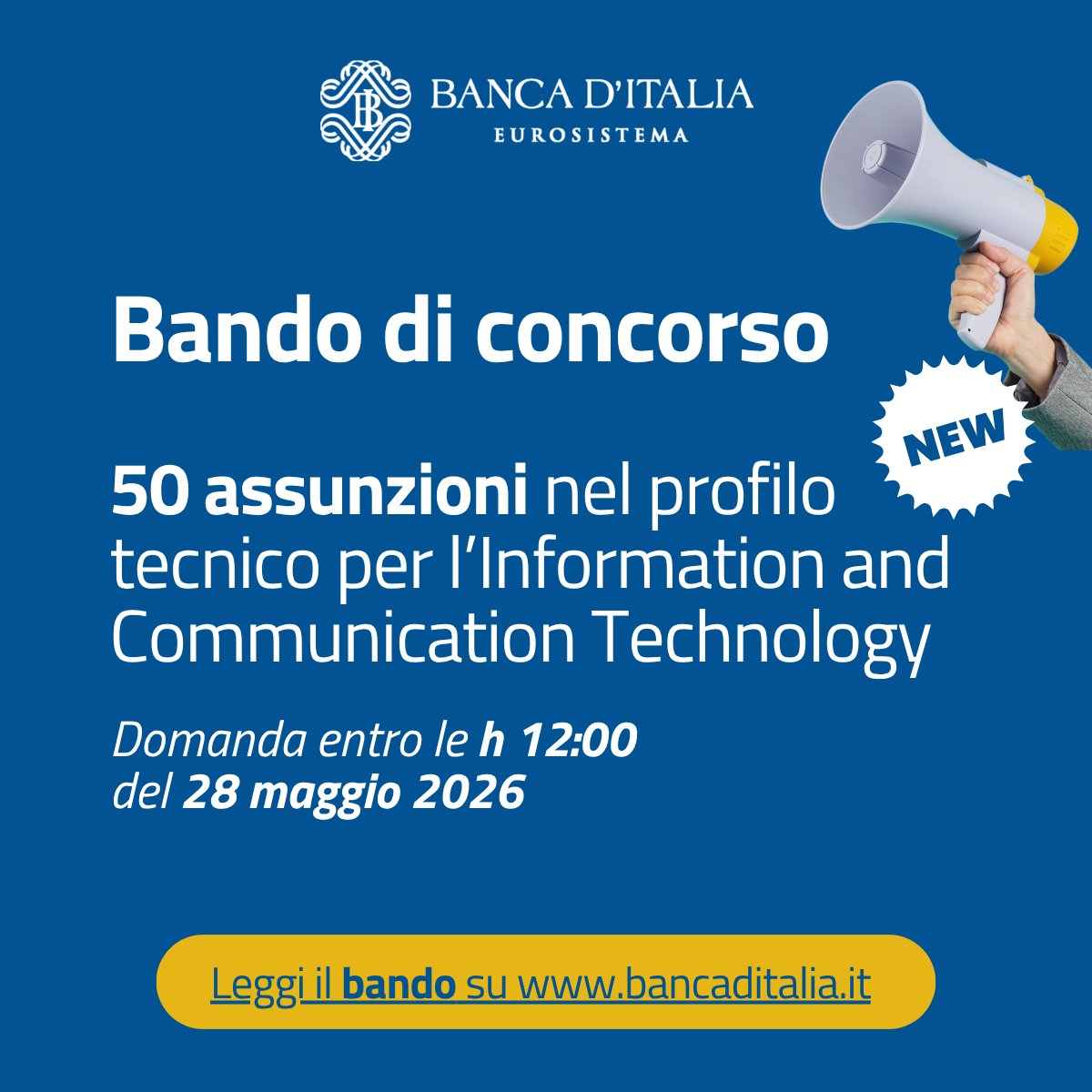 bancaditalia's tweet image. 📢 #Concorso #Bankitalia ✍️ 50 assunzioni a tempo indeterminato nel profilo tecnico per l'Information and Communication Technology #ICT
📅 Domanda entro le h 12.00 del 28 maggio 2026
📄 Trovi bando e info qui 👉 bancaditalia.it/chi-siamo/lavo…
#CyberSecurity #CyberIntelligence