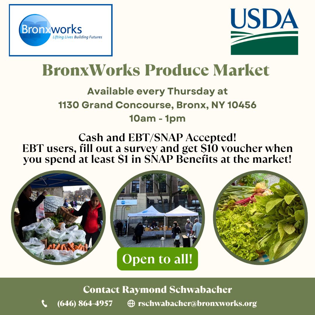 BronxWorks's tweet image. Looking for affordable fresh fruits &amp;amp; vegetables? Come to the #BronxWorks Produce Market every Thursday at 1130 Grand Concourse, Bronx, NY. We accept cash and EBT/SNAP Benefits. Contact Raymond at rschwabacher@bronxworks.org for more information. #bronx #HealthyEating