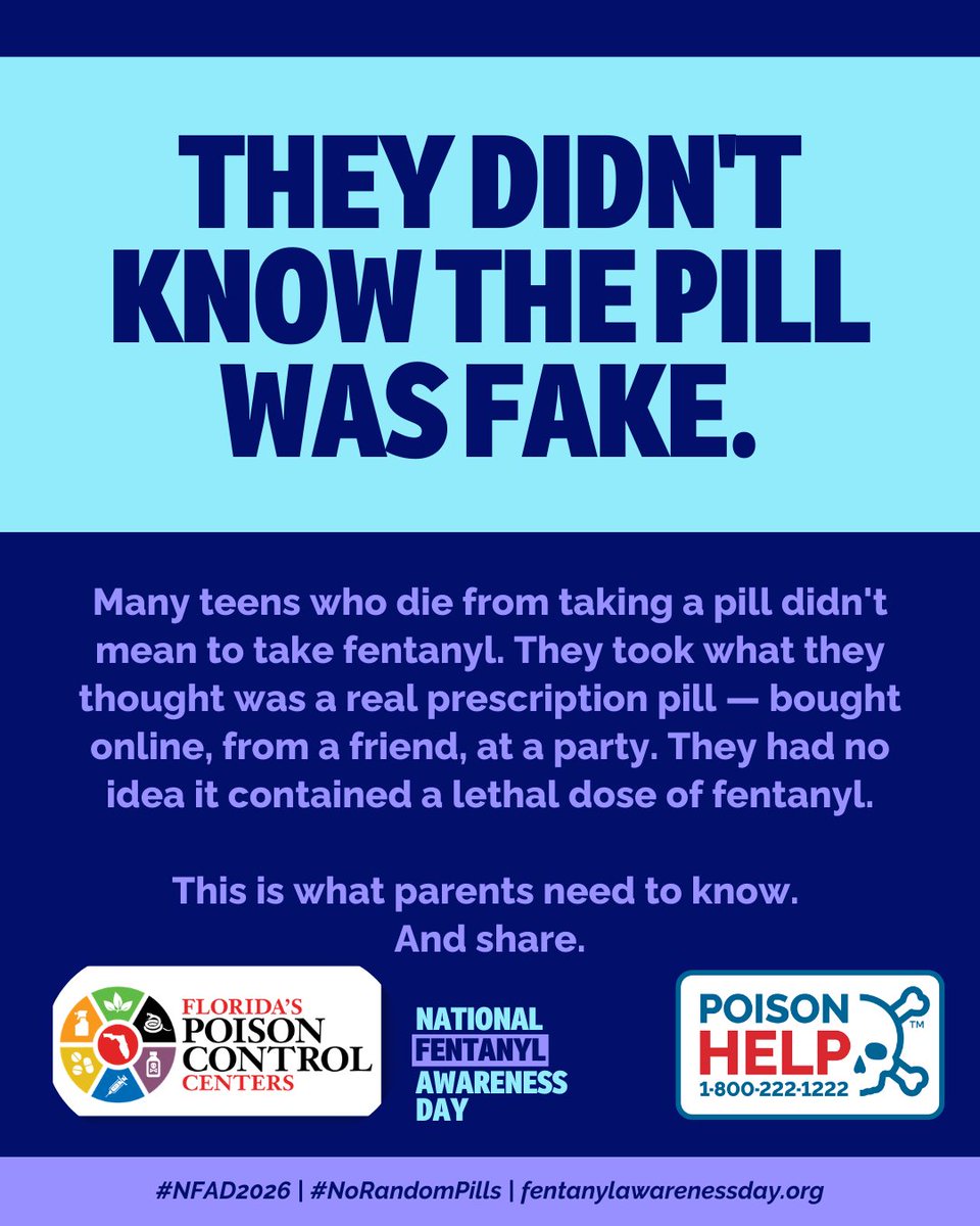 FloridaPoison's tweet photo. Fentanyl remains the leading driver of overdose deaths, causing more than 60% of fatal overdoses.

You can help prevent overdoses:

✔️ Learn the signs

✔️ Carry naloxone

✔️ Share trusted info

#Poison Help 1-800-222-1222.
 https://t.co/iihGwXOXo1 #NationalFentanylAwarenessDay https://t.co/Tvjd6hqRdQ