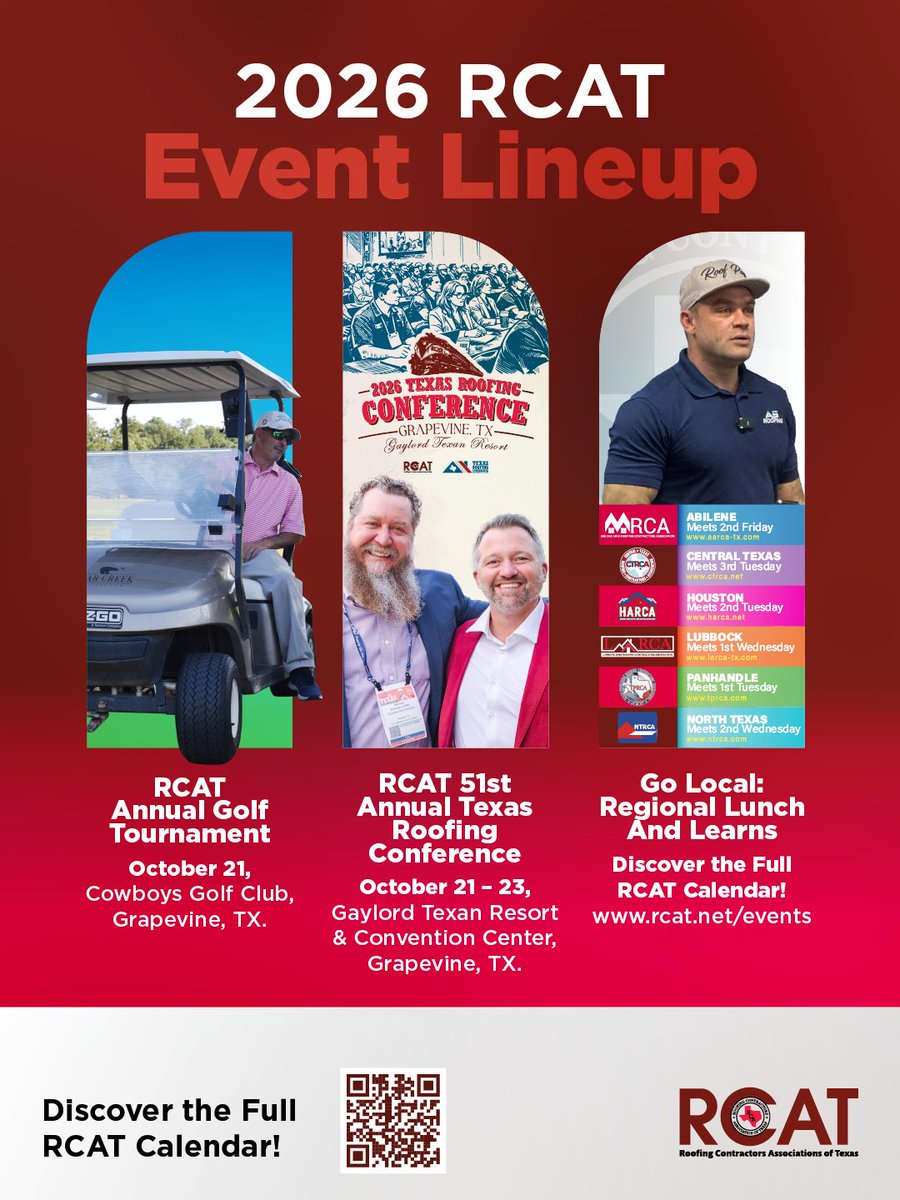 RCAT_tx's tweet image. RCAT’s 2026 Events Are Set 🎣⛳🏗️

From the Fishing Tournament to the Texas Roofing Conference, this year is packed.

Explore the full calendar:
hubs.ly/Q04dLC3L0 

#RCAT #RoofingContractors #WaterproofingContractors #ContractorAssociation #TexasRoofing