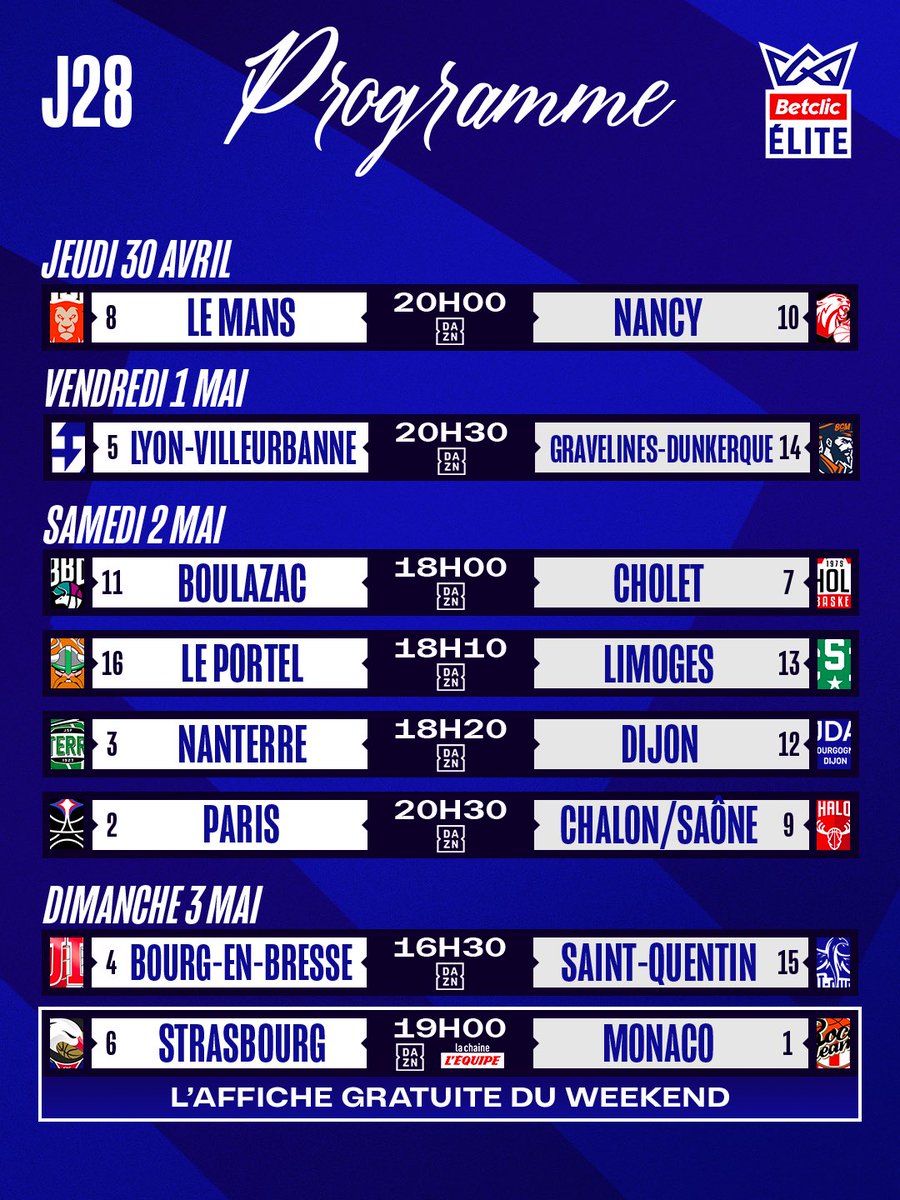 Betclic_ELITE's tweet image. La J28 commence demain 🔥

Retrouvez dimanche à 19h l’affiche gratuite du week-end sur @DAZN_FR 📺 ! 

#Basketball #BetclicÉlite