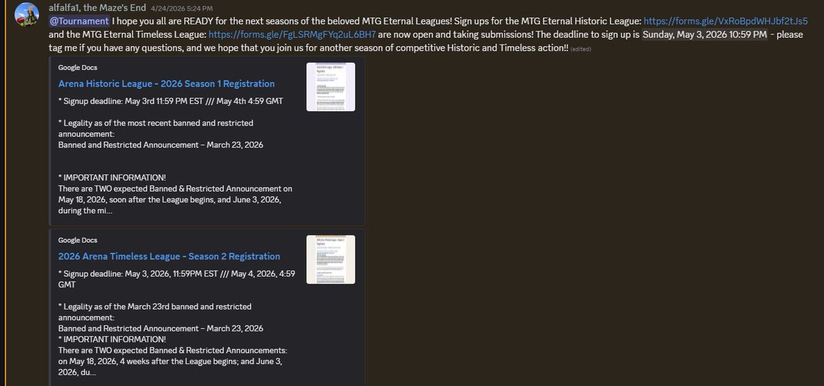 MetaConfluence's tweet photo. Our friends over at MTGA: Eternal are starting sign-ups for their Timeless and Historic leagues for the season!

@fireshoes 
Links to both Below⬇️ https://t.co/jCDPHYYAlX
