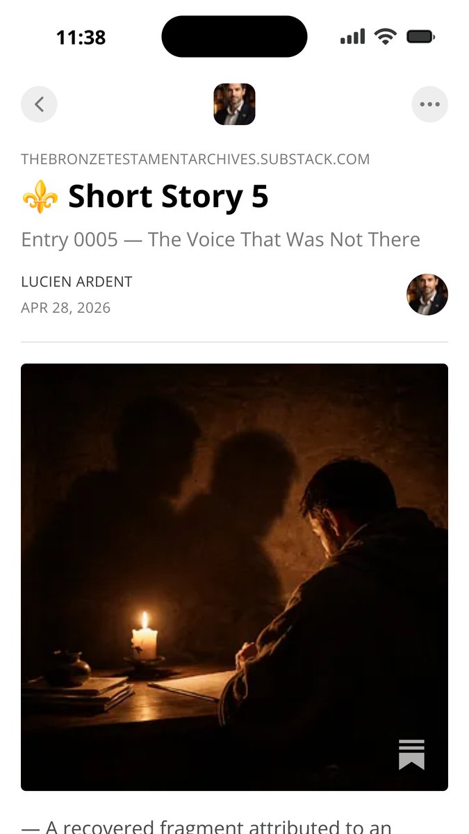 Lucien_Ardent's tweet image. The most dangerous corruption does not feel imposed.

It feels like clarity.

Entry 0005 — The Voice That Was Not There is now in the archive.

#CodexVigilans #HistoricalFiction #Medieval

…eBronzeTestamentArchives.Substack.com

open.substack.com/pub/thebronzet…