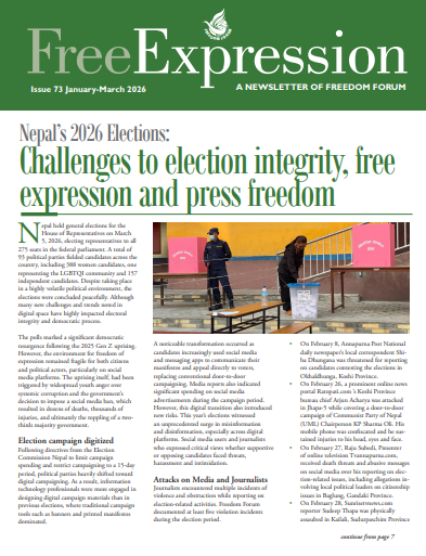 ForumFreedom's tweet photo. New edition of #FreeExpression is out now: 
Covering-
👉#FoE during #Nepal HoR #elections,
👉New ad rules risking private #media
👉#Digitalrights advocacy
👉Budget Trailblazer with @itsubashdahal 

For more: https://t.co/nd4Q0KhIuV

@tndahal7 @IFEX @nhrcnepal @OpenBudgets https://t.co/njgX4VJoOc