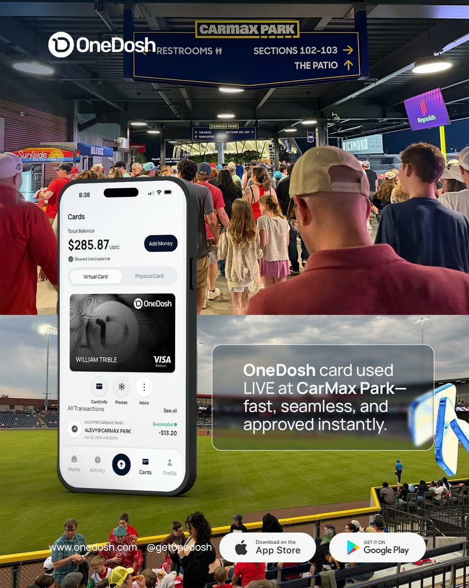 getonedosh's tweet photo. From your phone to the real world.

Ball game. Real crowd. Real payment.

Paid at CarMax Park with OneDosh.
fast, seamless, and instant.

This is what global payments should feel like.
We’re not talking about the future. We’re building it.

#OneDosh #Globalpayment #Crossborderpayment #Cardpayment #GlobalAcess