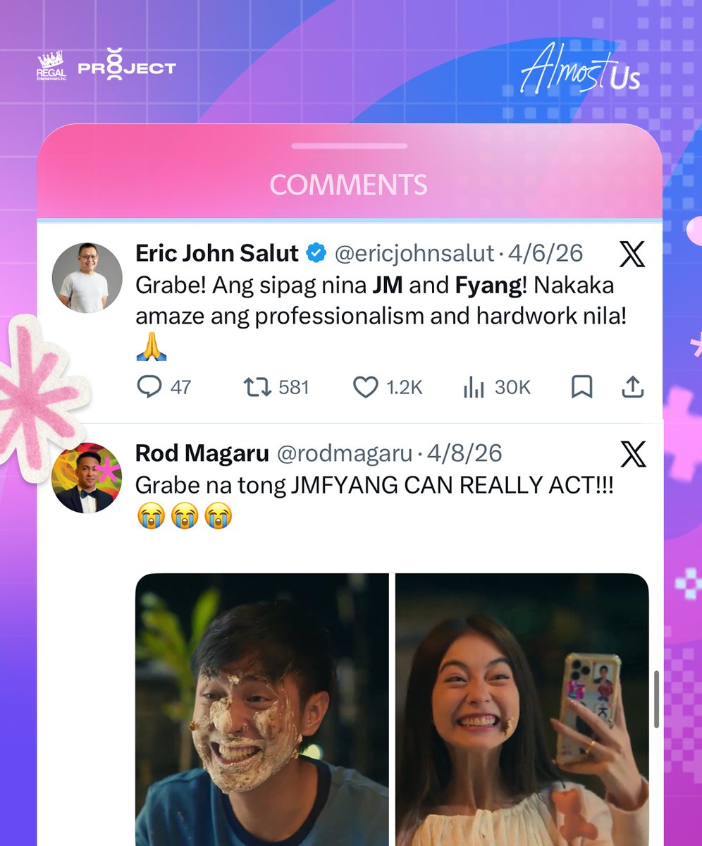 RegalFilms's tweet photo. WE SEE YOU! 👀🔥

Ang iingay niyo sa #AlmostUsOfficialTrailer and we LOVE IT! From kilig hanggang iyak, noted lahat 🫶💥

#AlmostUs — showing May 6 in cinemas nationwide 🎬🍿

#JMIbarra #FyangSmith #JMFyang 💖 https://t.co/o3sp079HZQ