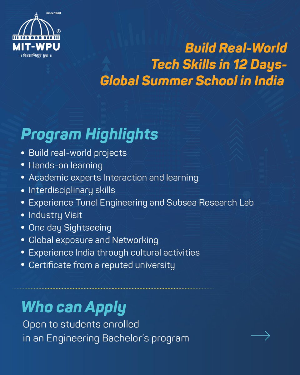 MITWPUOfficial's tweet image. Ready to become a Global Innovator? 

Join the MIT-WPU, Pune's International Engineering Summer School 2026 in India! 🇮🇳

Master AR/VR, Quantum Computing, Drones, Robotics &amp;amp; more in just 12 days. 

👇 Scan the QR to register.

#Engineering #SummerSchool #Tech #MITWPU #Innovation