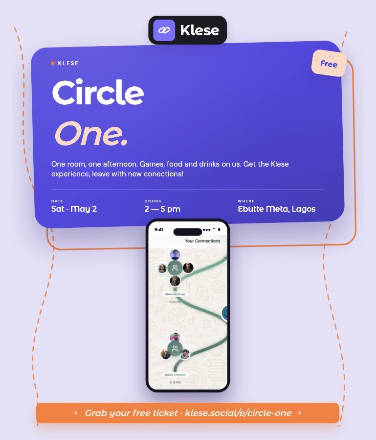 klesesocial's tweet photo. This Saturday in Lagos, we’re bringing people together for Circle One, an afternoon of activities, games and the kind of connections you actually walk away with, while food and drinks are on us so all you bring is yourself.

Grab a free ticket at https://t.co/iZjBPV5rm4 https://t.co/bu8JWQM6lU