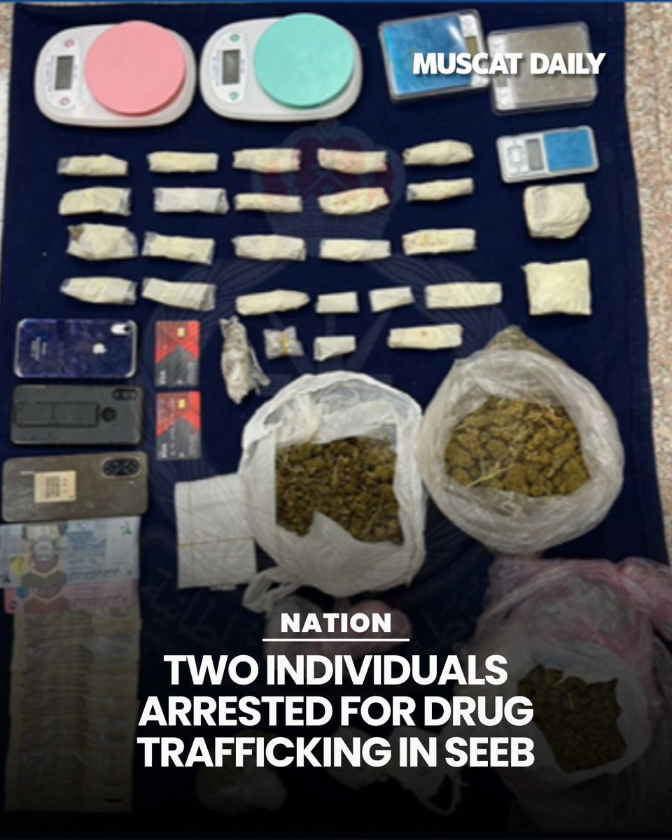 muscat_daily's tweet image. Royal Oman Police has arrested two Asian nationals in Seeb for possessing and trafficking crystal meth, hashish, and marijuana, with legal proceedings now underway against the suspects. 

#RoyalOmanPolice #DrugEnforcement #Seeb