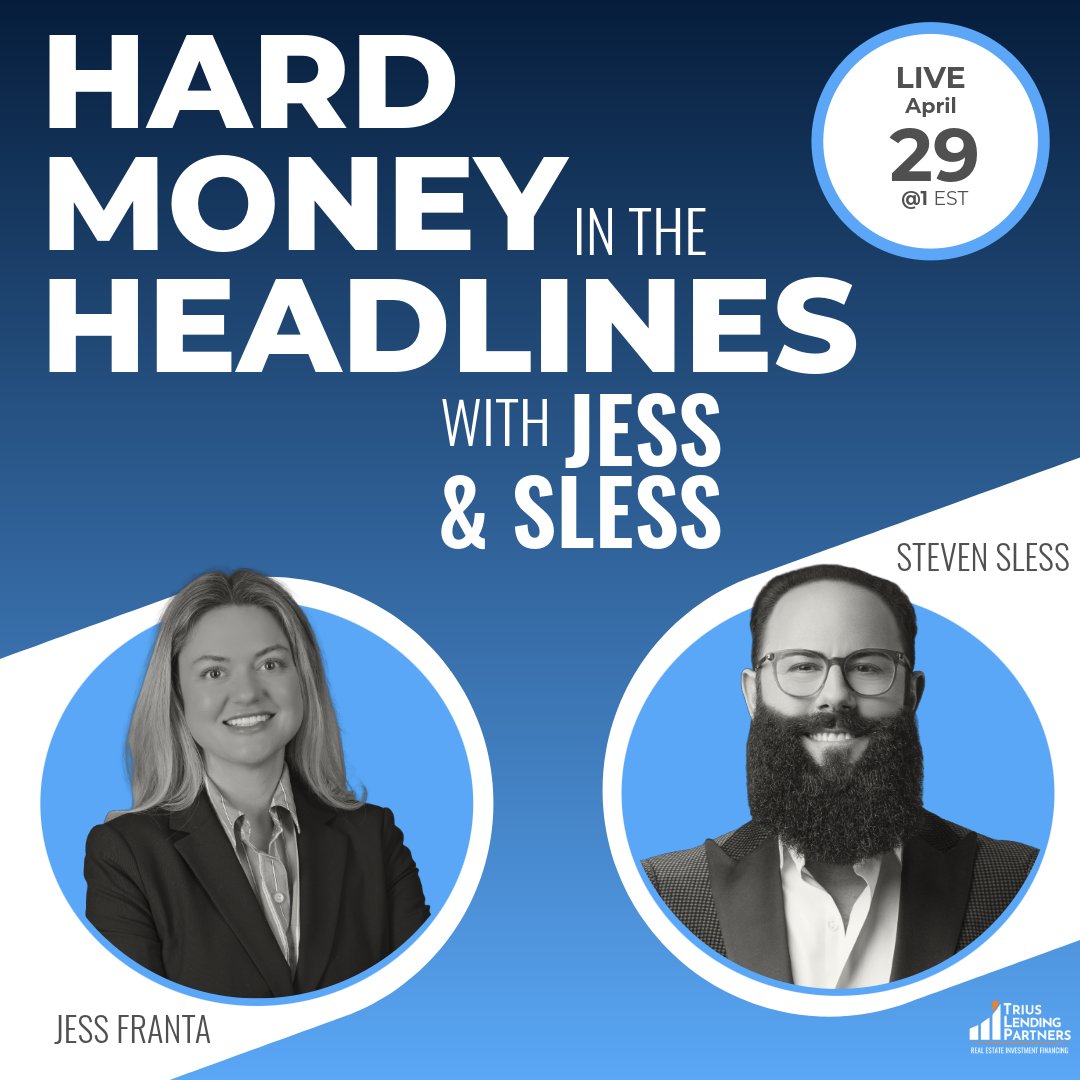 TriusLending's tweet photo. REMINDER: Jess &amp; Sless discuss the big real estate and private lending headlines at 1pm EST today! Stream LIVE from Facebook, Youtube, or LinkedIn. 

#realestateinvestment #jessandsless https://t.co/tI5k6k5H4o