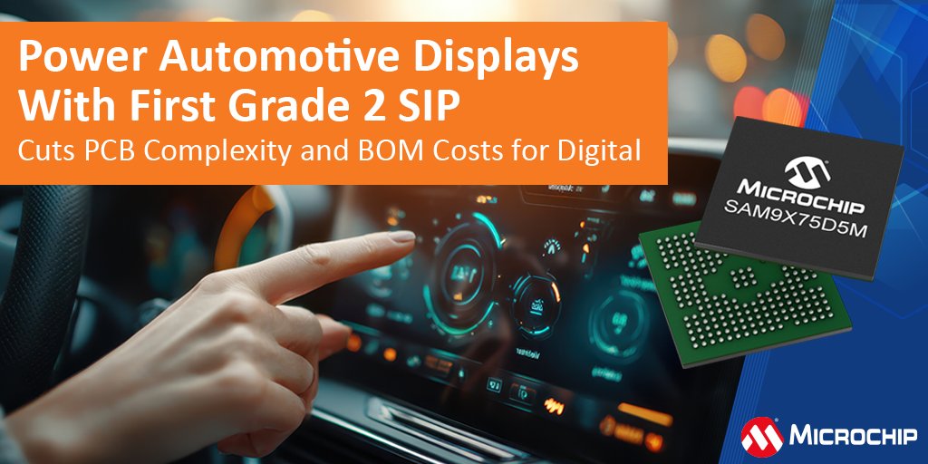 MicrochipTech's tweet image. Automotive HMI designs are getting more complex. Simplify yours with an integrated SiP that combines MPU and DDR2 SDRAM, reducing PCB layers, BOM risk and time to market. Build smarter: mchp.us/4uwi4nP. #AutomotiveDesign #SiP