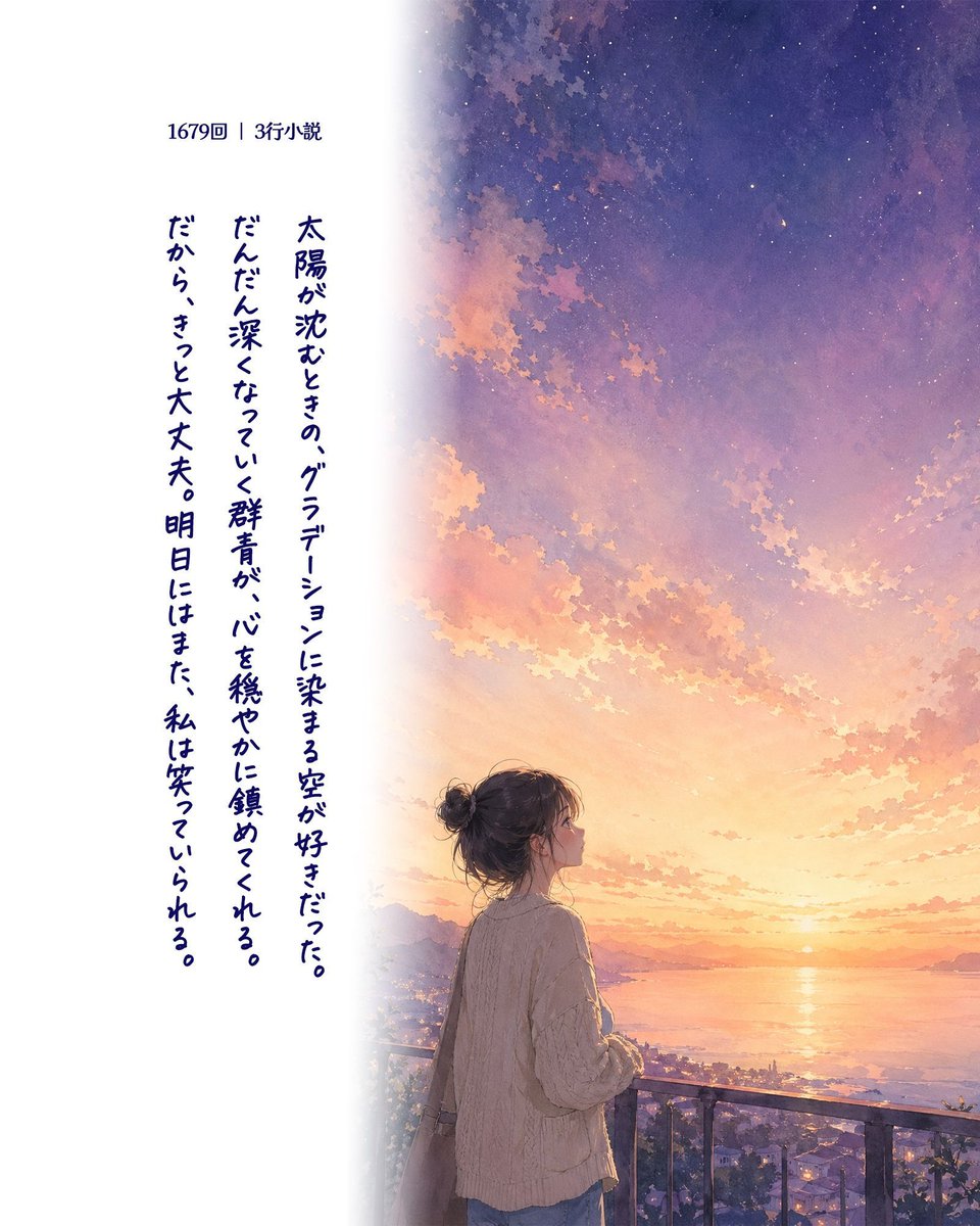 【1日の終わりに読みたくなる #3行小説】第1679回
太陽が沈むときの、グラデーションに染まる空が好きだった。
だんだん深くなっていく群青が、心を穏やかに鎮めてくれる。
だから、きっと大丈夫。明日にはまた、私は笑っていられる。
#ショートショート #GPT_Image2 #夕暮れどき #空の色
