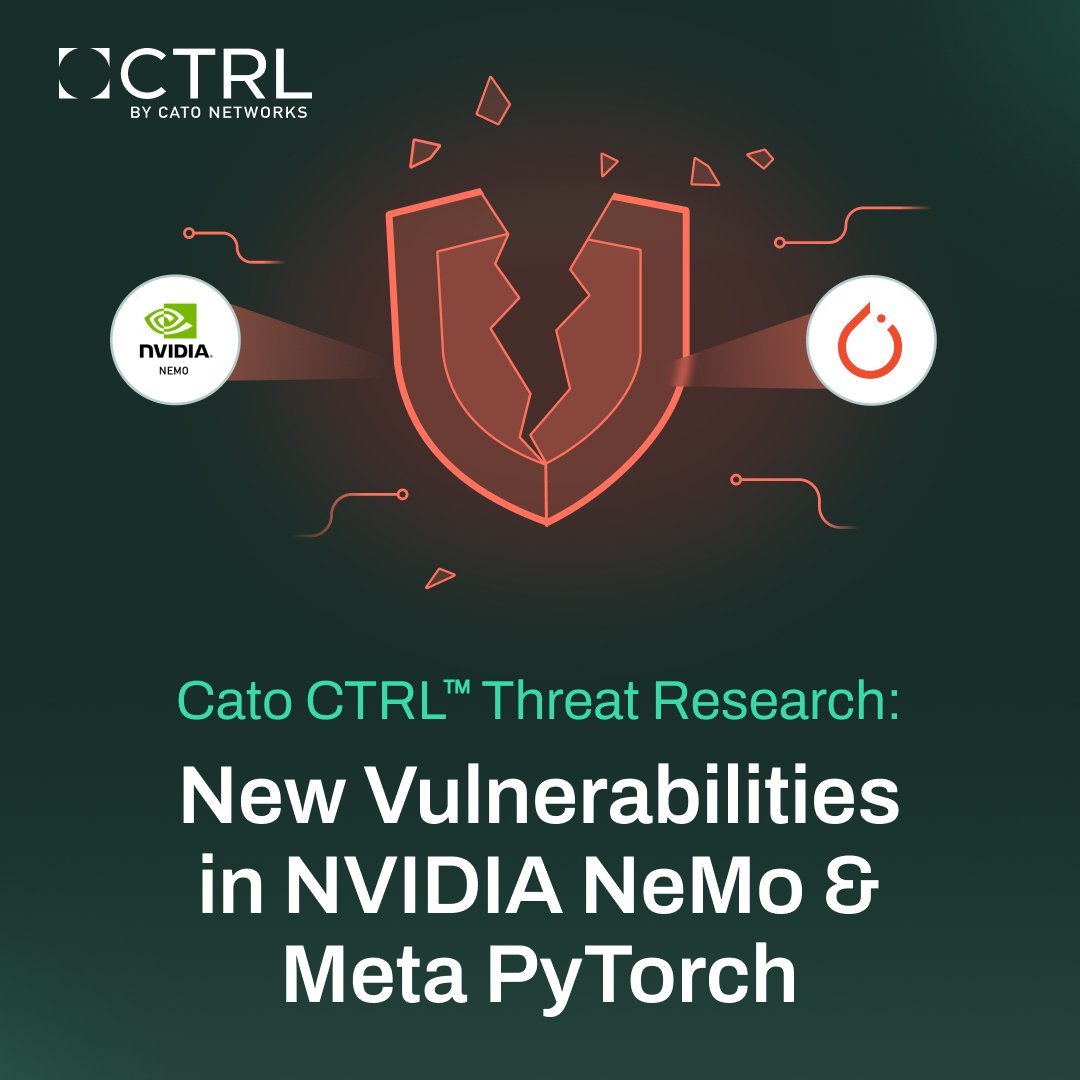 CatoCTRL's tweet photo. 🚨 New threat research: Cato CTRL found high-severity vulnerabilities in NVIDIA NeMo and Meta PyTorch that turn model files into RCE vectors.  These models are pulled into systems with cloud credentials, IAM roles and sensitive data.  Read more: https://t.co/4aRVNubiHZ https://t.co/nkx9MKqqXb