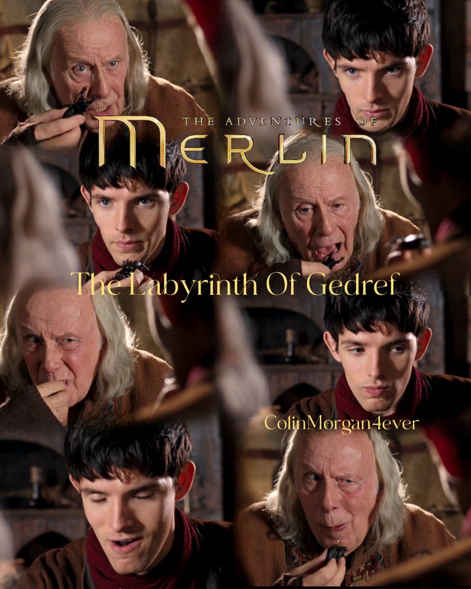 CMagnumfan's tweet photo. #posterdesign of every episode of #MerlinTvSeries now with 29/41 season 1 episode 11 #TheLabyrinthOfGedref aired on the 29th November 2008. #Merlin and #Gaius tuck into a beetle for food. Supposed to taste like chicken. But nothing like it. #MerlinBBC #MissingMerlin #ColinMorgan #RichardWilson