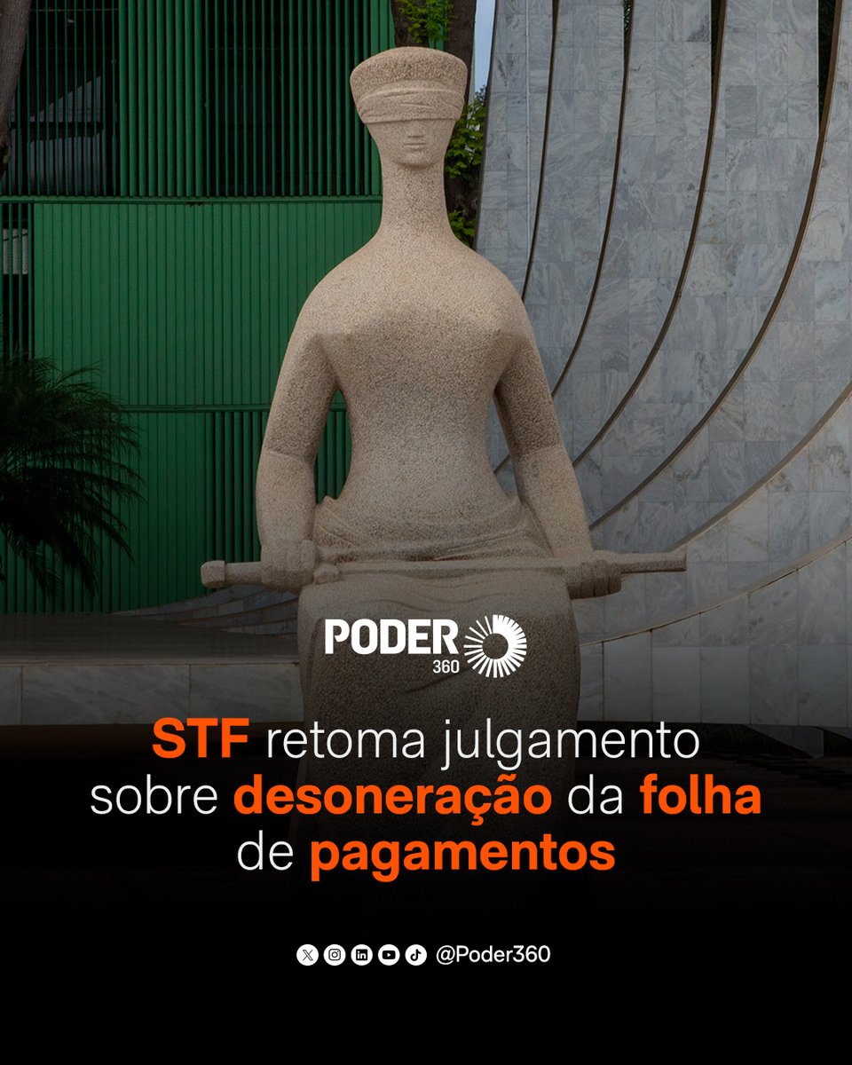Poder360's tweet image. #Justiça ⚖️ O Supremo Tribunal Federal julga, nesta 4ª feira (29.abr.2026), uma ação que questiona a validade da lei de 2023 que prorrogou a desoneração da folha de pagamentos para 17 setores econômicos e municípios. A Advocacia-Geral da União contesta a prorrogação aprovada pelo