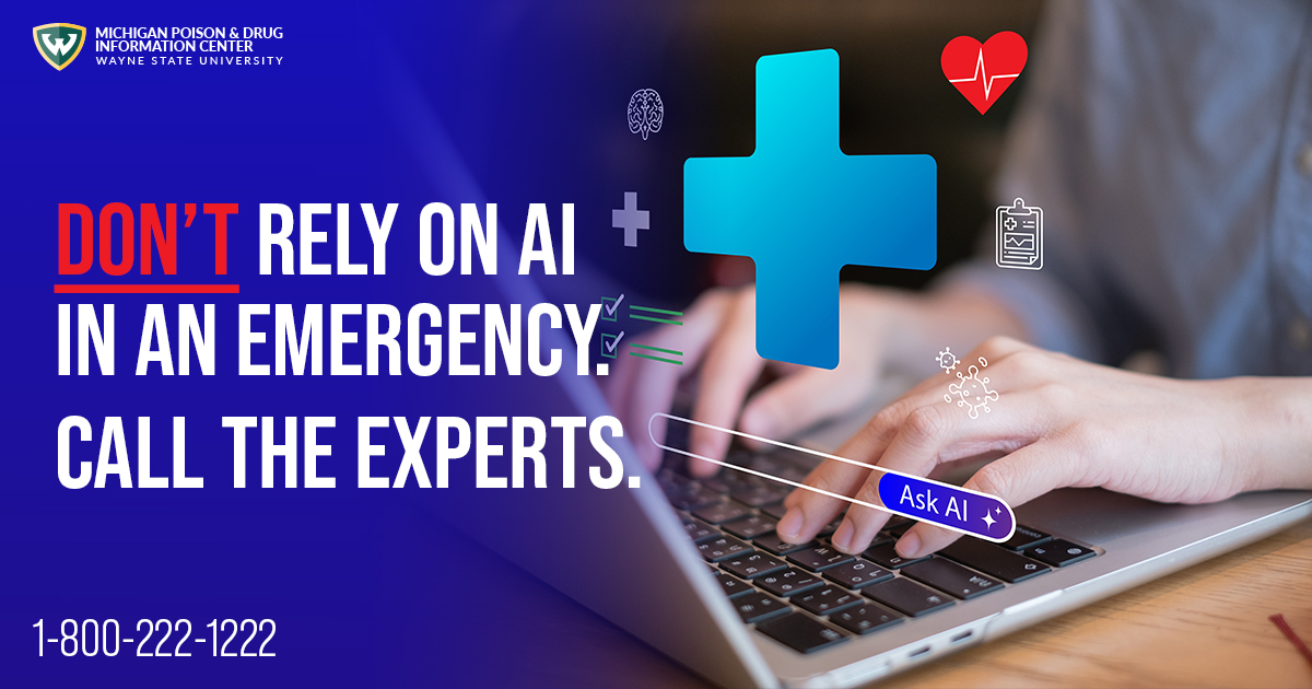 MichiganPoison's tweet photo. 🤖 Googling symptoms? Asking AI?

That works…until it’s an emergency.

If something feels wrong, don’t guess. Call the poison experts at the Michigan Poison &amp; Drug Information Center for free, confidential, expert advice. 1-800-222-1222

💬 Have you ever Googled a health scare? https://t.co/f8YirY6ax3