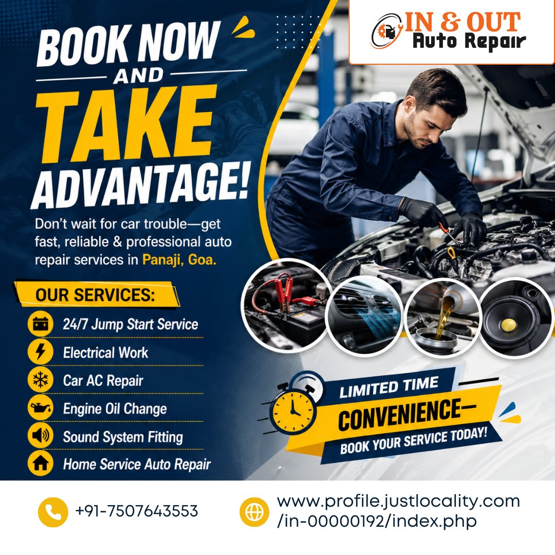 inoutautorepair's tweet image. Book Now and Take Advantage!
Fast, reliable car repair services in Panaji, Goa. Don’t wait—get your car serviced today!
📞 +91-7507643553
🌐 profile.justlocality.com/in-00000192/in…

#BookNow #CarServiceGoa #AutoRepairGoa #PanajiGoa #InAndOutAutoRepair