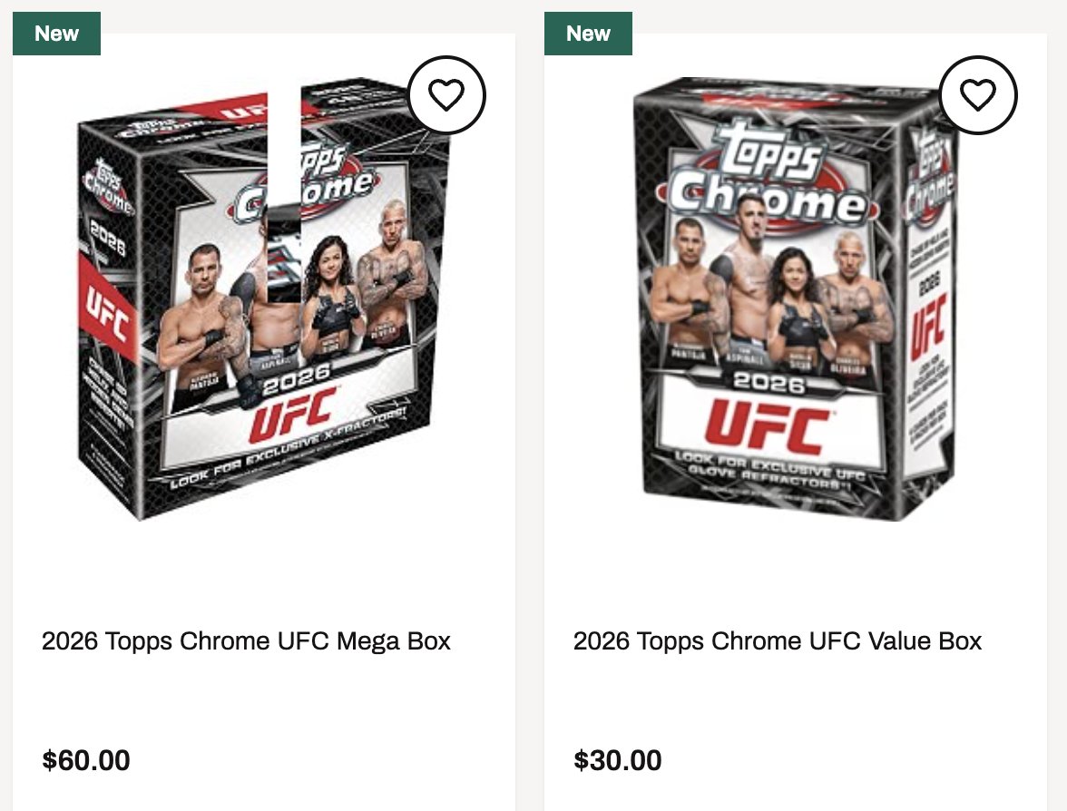 funkofinderz's tweet image. 2026 Topps Chrome UFC Value &amp;amp; Mega Boxes have officially touched down at Dick's Sporting Goods. Loaded with knockout parallels and rookie heat.

dicks-sporting-goods.ryvx.net/yZenO2

#Ad #UFC #ToppsChrome #SportsCards