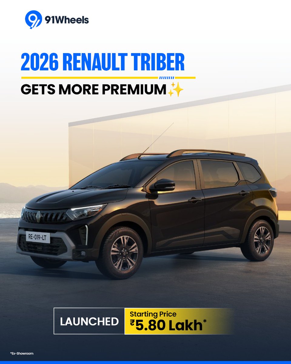 91wheels's tweet image. Smarter tech. Better comfort. More space.
The 2026 Renault Triber is here — now more premium, more practical, and starting at just ₹5.80 lakh. 🚗✨

#RenaultTriber #RenaultIndia #CarLaunch #FamilyCar #91Wheels