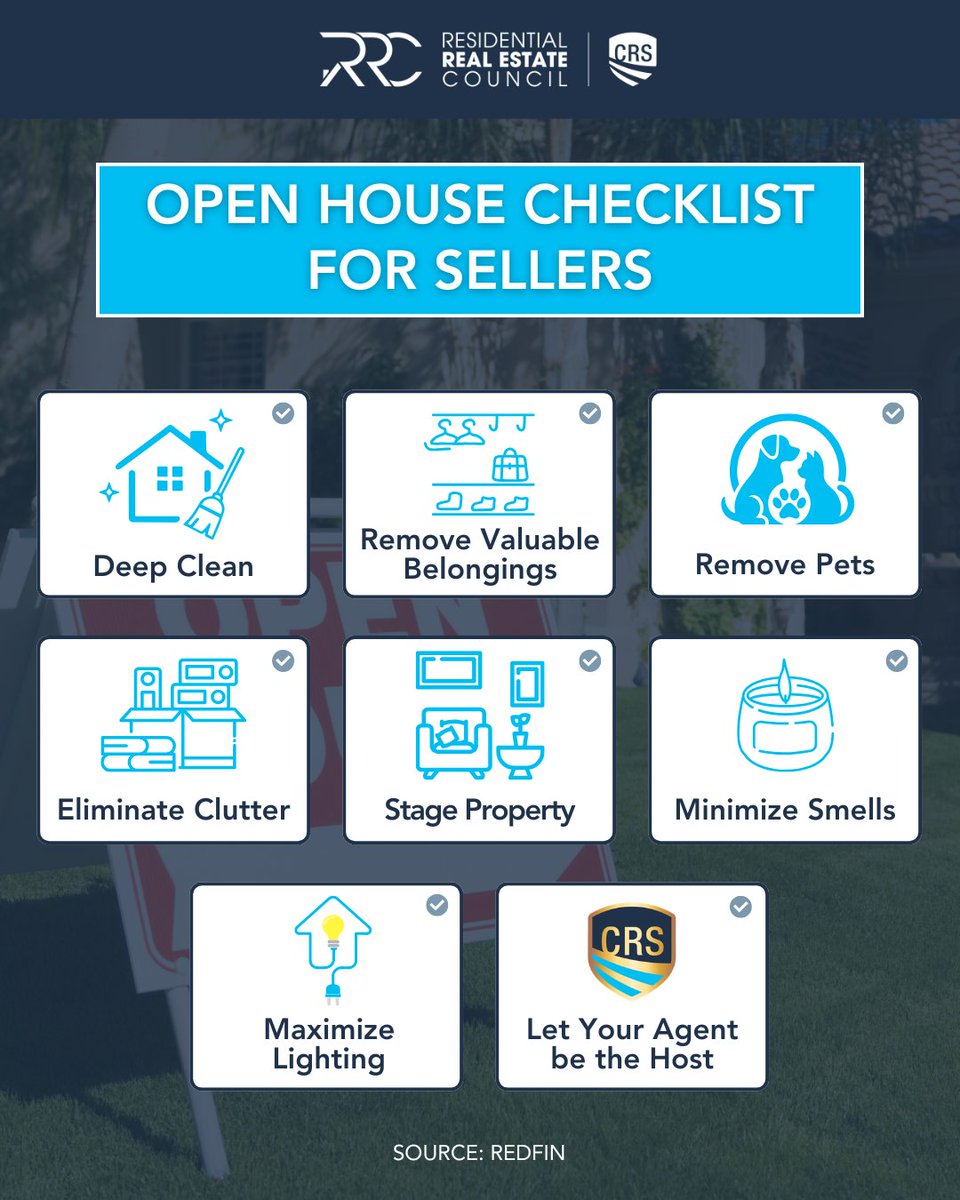 ThisIsRRC's tweet image. Open houses are all about first impressions. 🏡✨ Share this checklist with your sellers so they can showcase their home at its best, and tell us, what would you add? #OpenHouse #Checklist #Homeowners #SellersAgent