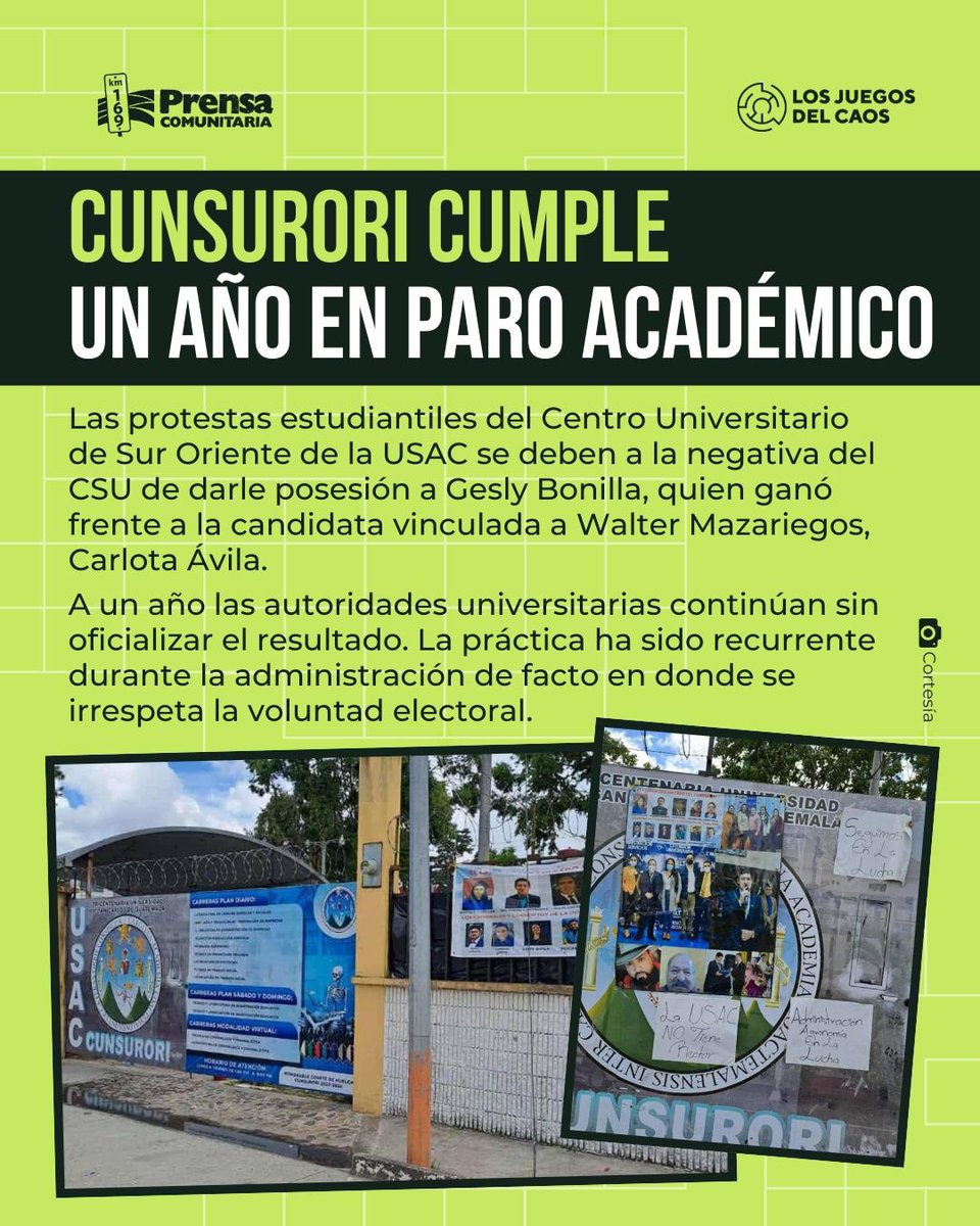 #FraudeUSAC CUNSURORI cumple un año en paro académico

El CSU se niega a darle posesión a Gesly Bonilla quien ganó la dirección del centro regional frente a la candidata Carlota Ávila, vinculada a Walter Mazariegos.