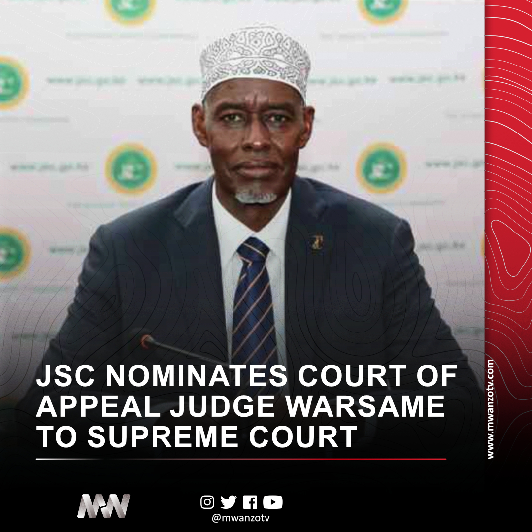 MwanzoTv's tweet image. #KENYA: JSC NOMINATES COURT OF APPEAL JUDGE WARSAME TO SUPREME COURT
The Judicial Service Commission has nominated Justice Mohamed Abdullahi Warsame to join the Supreme Court of Kenya, pending formal appointment by President William Ruto. 

His nomination follows a competitive
